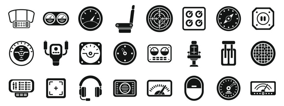 Airplane cockpit icons set. Set of simple black icons representing various instruments and controls found in an aircraft cockpit, ideal for aviation related projects