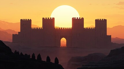 Obraz premium Silhouette of a majestic castle at sunset against a colorful sky.