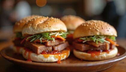 Mouthwatering Gourmet Sliders with Colorful Toppings on Rustic Wooden Plate