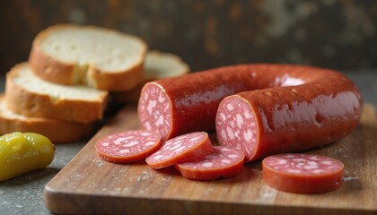 Juicy Smoked Sausage Slices with Crusty Bread on Rustic Wooden Board