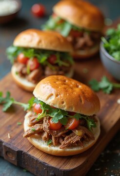 Juicy Pulled Pork Sliders with Fresh Greens on Rustic Wooden Board