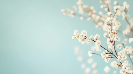 Delicate white flowers blossoming against a soft blue background, creating a serene and tranquil atmosphere for springtime.