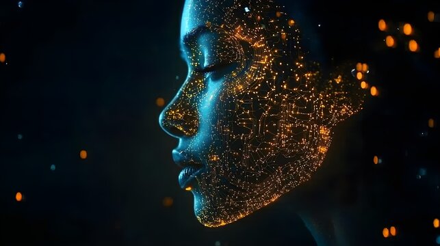Silhouetted face, brain mapped with illuminated circuit patterns, representing digital intelligence and evolving human cognition in the tech age