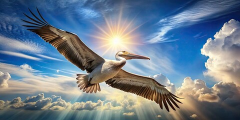 Fototapeta premium Pelican in Flight Over a Clear Blue Sky - Stunning Product Photography for Nature Enthusiasts