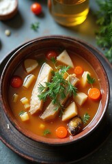 Hearty Vegetable Soup in Rustic Bowl with Fresh Herbs for Comforting Meal