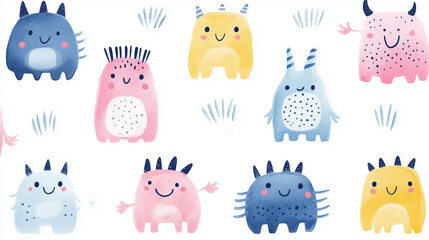 Obraz premium seamless watercolor pattern of cute, colorful monsters on a white background. for kids' products, wallpapers, textiles, playful branding stationery, children’s decor, or digital backgrounds