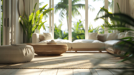 Themed living room with large glass windows version 39