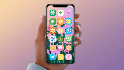 “Smartphone Blossoming with Floral Apps” – A Digital Illustration of a Modern Smartphone with App Icons Transformed into Flowers, Representing Technological Growth and Eco-Friendly Digital Innovations