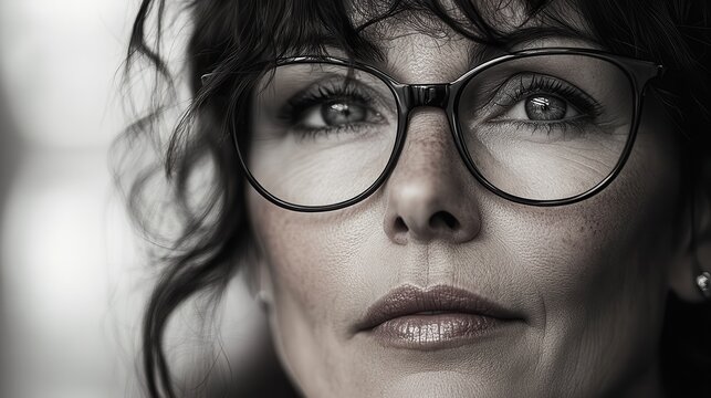 Close-up photo of a woman wearing glasses. Perfect for websites or articles about vision care, eyewear, or women's fashion.