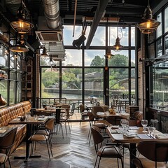Fototapeta premium Chic Urban Eatery with Scenic Riverfront Views and Contemporary Industrial Decor