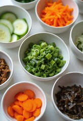 Fresh Colorful Ingredients in White Bowls for Healthy Meal Preparation