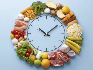 Food items arranged in a circular layout resembling a clock face, representing mealtime. Simple illustration with soft colors and minimalist design.
