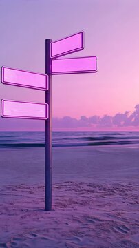 A signpost stands on a sandy beach with blank pink signs pointing in different directions during a pink sunset