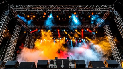 Vibrant concert stage illuminated with colorful lights and smoke for a musical event.