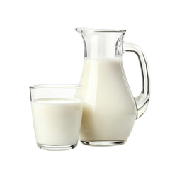 Fresh milk in a glass and jug on a white background