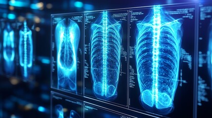 Futuristic x-ray panel, multi-layer hologram, blue and white tones