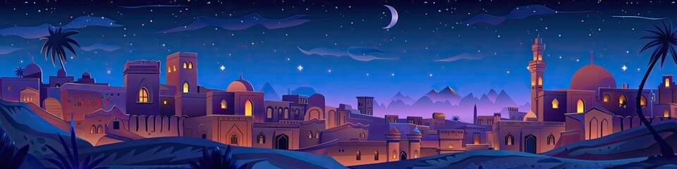 Panoramic night landscape of the ancient Arab city. Cartoon illustration.