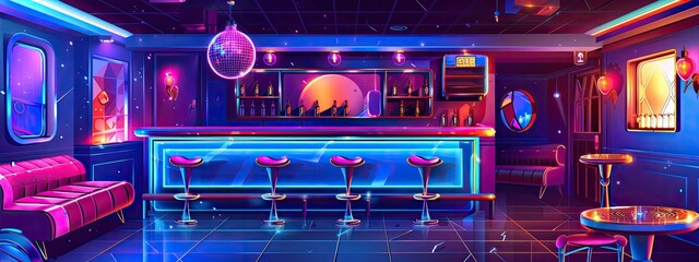 Obraz premium The interior of a nightclub with bright neon lighting.