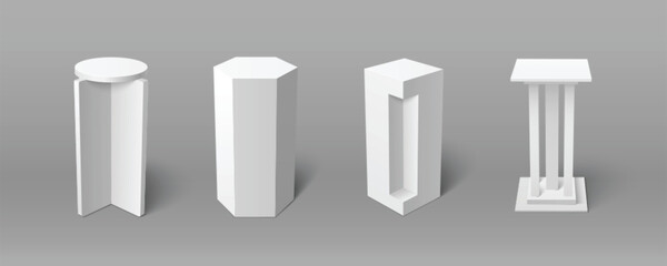 3d white pillar podium. Cube column base for product display. Empty pedestal platform for museum exhibit or gallery presentation place mockup. Blank exhibition showroom stage clear graphic design