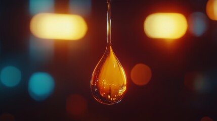 A close-up of a single, glistening droplet of amber liquid suspended in a blurred background.