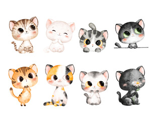 Watercolor Illustration Set Cute Cats
