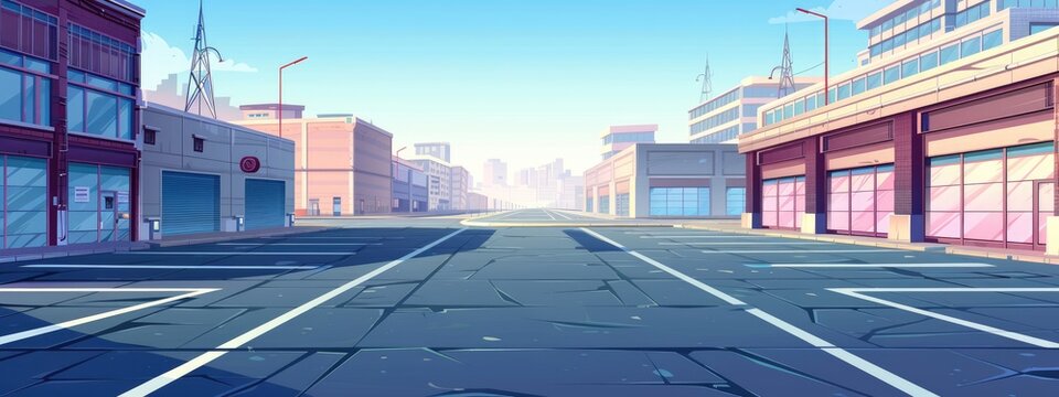 an empty parking lot on the industrial outskirts of the city with lots of parking spaces.