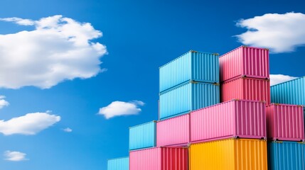 Colorful shipping containers stacked high against a clear blue sky, symbol of global trade and logistics