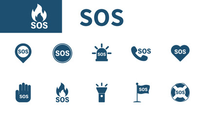 SOS emergency signal icon. Set of solid vector icons on the theme of SOS call, location, flashlight, SOS flame.