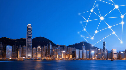 Obraz premium Hong Kong Skyline with Connected Network