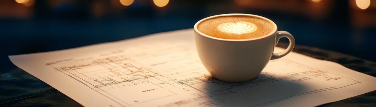 Steaming cup of coffee on blueprint, a moment of pause in design and architectural projects