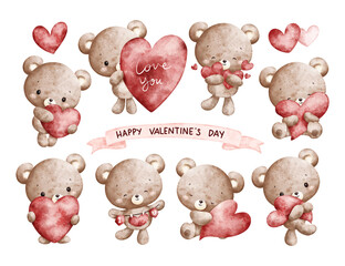 Watercolor Illustration Set of Valentine Teddy Bear and Red Heart.eps