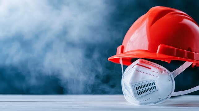 Red hard hat and white mask, essential personal protective equipment for workplace safety health