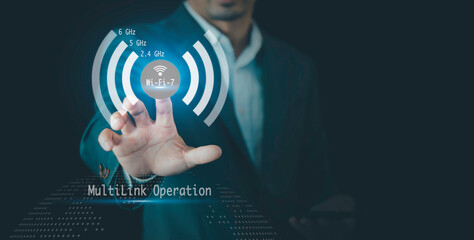 Wi-Fi 7 Multi-Link Operation (MLO) wireless network, High-speed wireless Internet modern technology concept, which allows various devices to Use multiple frequency bands 2.4 GHz, 5 GHz และ, 6 GHz