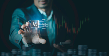 Financial artificial intelligence technology concept, Fintech, Crypto currency, Using AI technology to help with business operations, automation systems to help make money, solve work problems