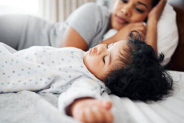 Mom, baby and sleeping with bed for nap time, rest or peaceful morning together at home. Happy...