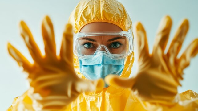 Woman in protective suit and mask, ensuring safety health in hazardous environments