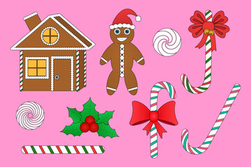 Festive illustration featuring gingerbread house, gingerbread man, candy canes, and holiday decorations. Perfect for Christmas designs.