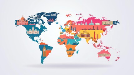Obraz premium Colorful world map illustration with famous landmarks, isolated on white background.