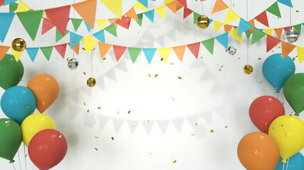 Colorful balloons and confetti for festive party background, 3d render
