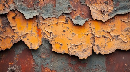 Fototapeta premium Close-up rusty metal with complex corrosion patterns, aged orange and brown tones, rough textures and peeling paint, detailed natural weathering