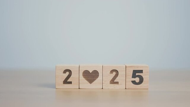 2024 end year to Happy New Year 2025 with heart block for health care, love, organ donation, resolution, charity, happy family, wellbeing and insurance concepts