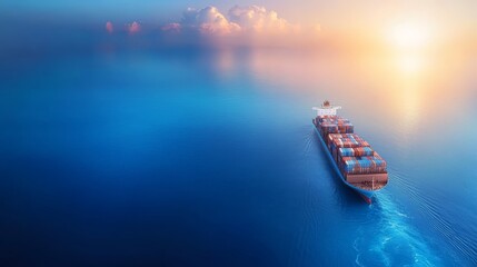 Container ship at sunset, a serene voyage across the golden ocean reflecting the tranquil twilight sky