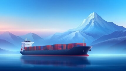 Immense container ship majestically sails across tranquil ocean waters with scenic mountain vista in the background
