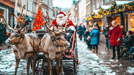 Festive santa claus riding reindeer sleigh in holiday market with snowfall and christmas lights