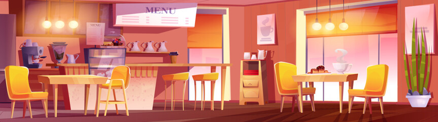 Cozy restaurant interior with coffee and bakery illustration. Canteen inside with tea cup to drink and dessert food on counter. Wooden cafeteria furniture in american style. Coffeeshop in morning