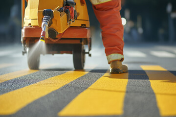 Fototapeta premium road worker using a spray gun to paint yellow crosswalk lines on an asphalt street