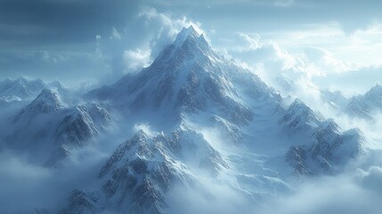 Obraz premium Majestic snow-covered mountain peak surrounded by clouds.