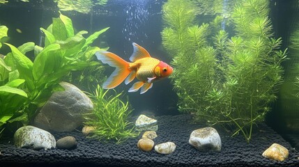 A goldfish in a fish tank, swimming in clear water, with aquatic plants and decorative stones.