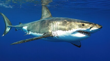 Fototapeta premium A great white shark swims in the deep sea, with a terrifying shadow showing power and ferocity.