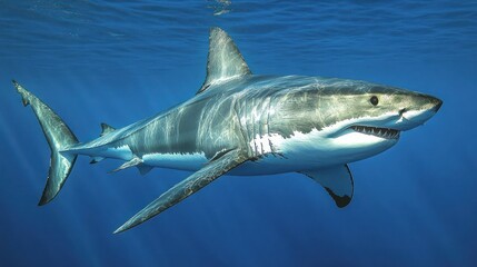 Fototapeta premium A great white shark swims in the deep sea, with a terrifying shadow showing power and ferocity.